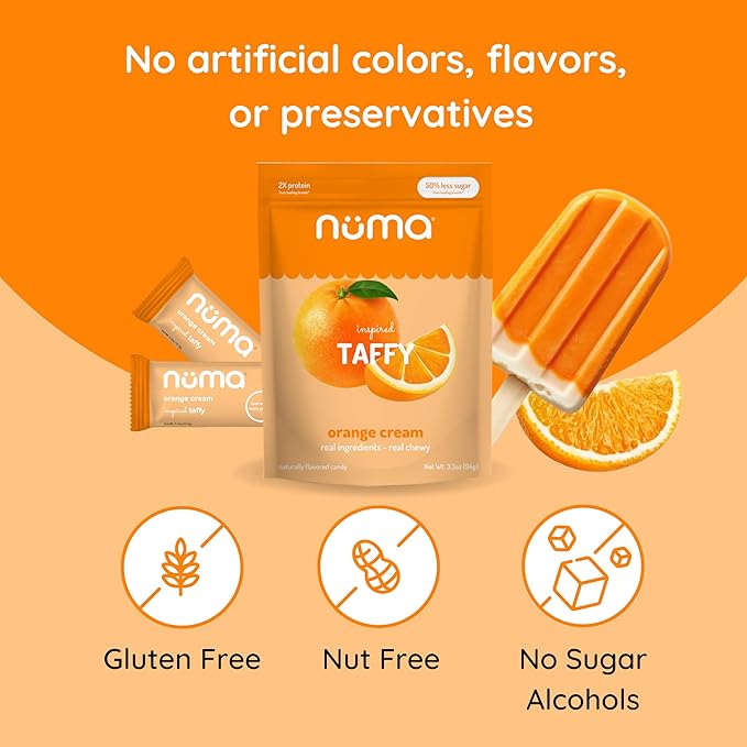 Numa Taffy Candy – Orange Cream Made with Real & Simple Ingredients – Low Sugar, High Protein, Low Calorie, All Natural & Gluten Free Nutritious Taffy – 3 bags with 10 Individually Wrapped Chews Each