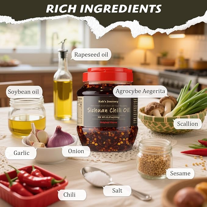 Kah's Journey Xtra Spicy Original Szechuan Chili Oil - 15.87oz (450g) Spicy Chili Crisp, Vegan, Sugar Free Hot Sauce, Great for Noodles, Dumplings, Vegetables, Meats