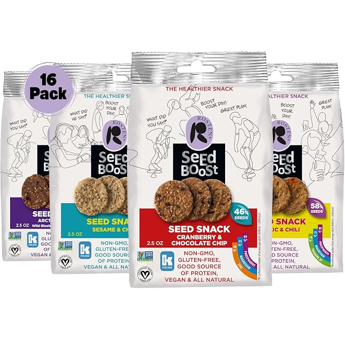 ROSTEN SeedBoost Seed Crackers (16 Pack) Variety Pack - Vegan, Non-GMO, Gluten Free (2.5oz Each)