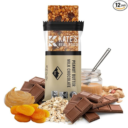 Kate’s Real Food Organic Granola Bars - Peanut Butter Milk Chocolate (2.2 oz, Pack of 12) Organic Energy Bars with Gluten Free Oats - Non GMO, Soy Free, Whole Grains, and All Natural - Healthy Snacks