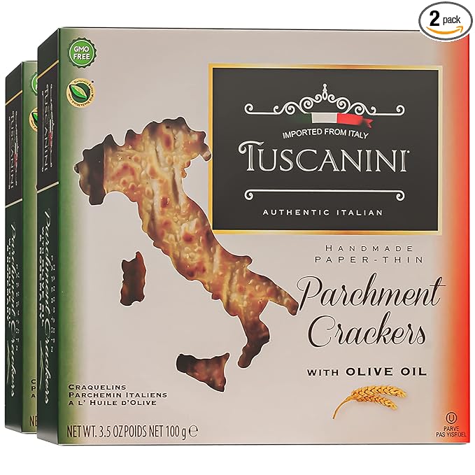 Tuscanini Parchment Crackers, Olive Oil 3.5oz (2 Pack) Paper Thin & Crisp Italian Crackers Seasoned with Olive oil and Salt, Certified Kosher