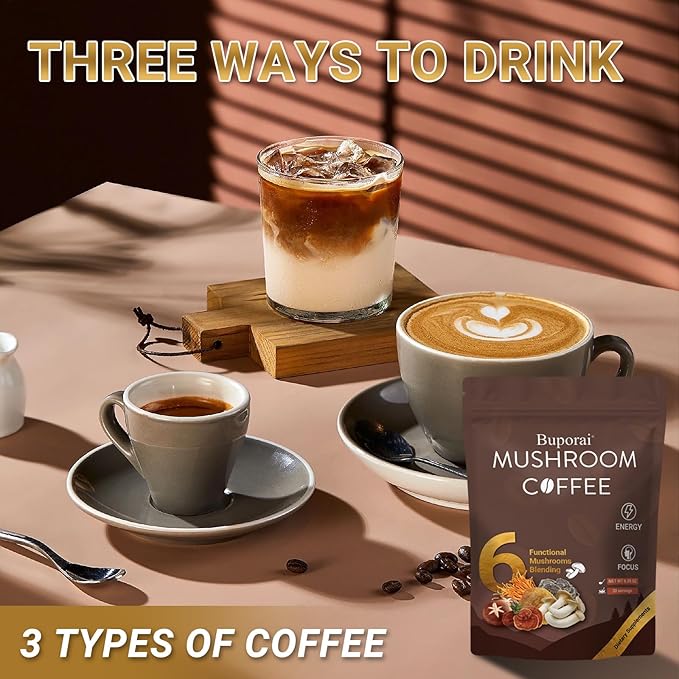 Mushroom Coffee, Instant Mushroom Coffee with 6 Mushrooms Lion’s Mane, Cordyceps, Turkey Tail & Other for Energy, Focus, Digestion, Immunity, 30 Servings (1 Pack)