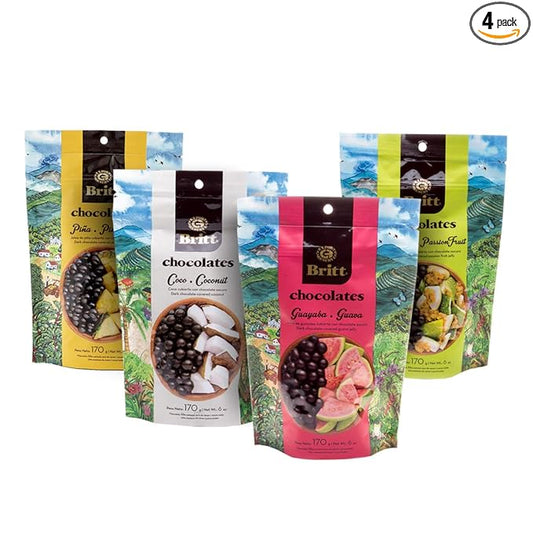 Cafe Britt® Chocolates Dark Chocolate-covered Tropical Fruit(4 Pack)(Guava, Coconut, Passion Fruit, Pineapple) (6 oz) Gourmet Dark Chocolate, Gluten Free,No Artificial Ingredients,No Trans Fat
