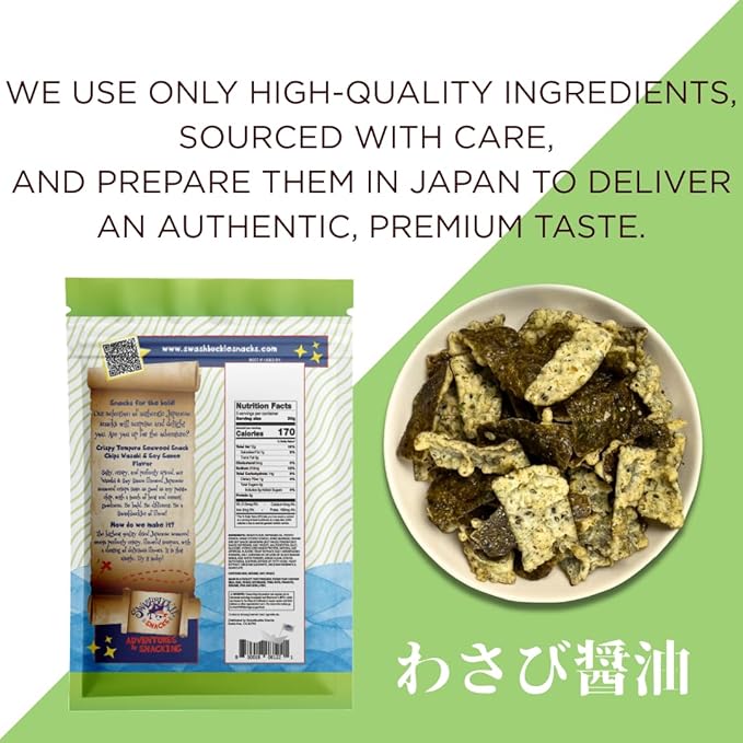 Japanese Tempura Seaweed Chips, Noriten – Wasabi and Soy Sauce Flavor | 5.29oz | Made in Japan by Swashbuckle Snacks