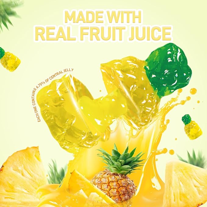 AMOS 4D Gummy Candy Pineapple Burst – 3D Pineapple Shaped, Jelly-Filled, Natural Flavor Fruit Gummy – 240g Box (Pack of 10) – Fruit-Filled Gummy Treats for Kids and Adults