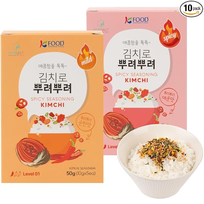 Korean Food Sprinkle Kimchi Seasoning – Mild & Spicy (10 Pack, 10g Each) | Korean Furikake-Style Powder for Rice, Ramen, Eggs | Kimchi Flavor | No Artificial Additives | Portable Individual Sachets, 김치후리카케, 김치시즈닝