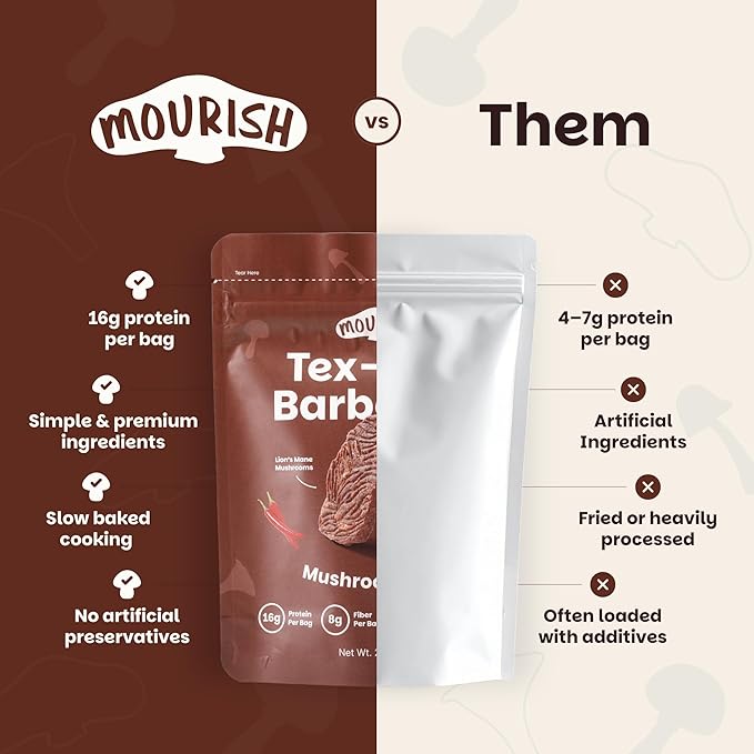 Mourish Vegan Mushroom Bites, Tex-Mex BBQ, 1 Pack (2 oz), Good Source of Protein and Fiber, Plant Based Meat Jerky, Medium to High Heat, Meatless Healthy Snacks for Hiking, Work, Travel & School