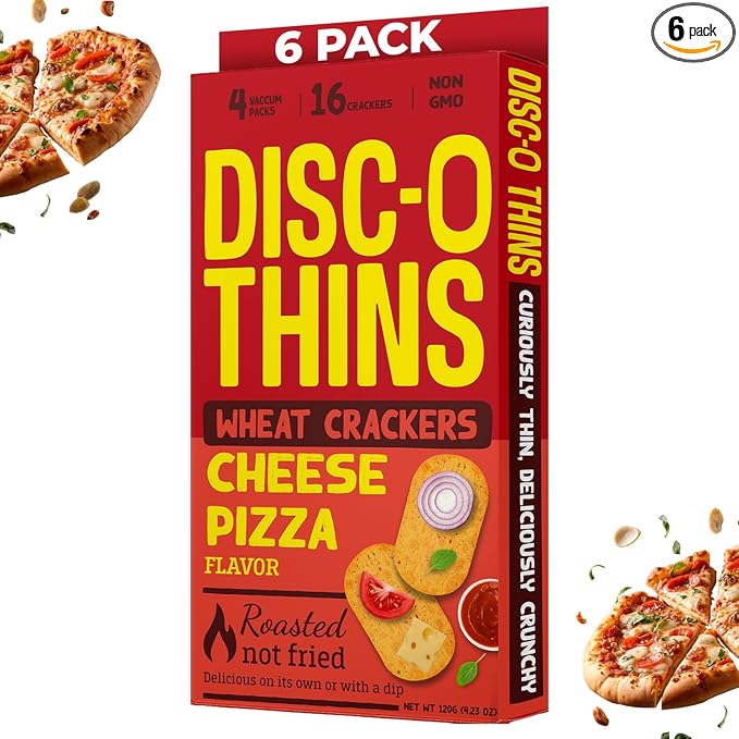 Disc-O Thins Whole Wheat Crackers - Crunchy Roasted Snack, High-Fiber & Low-Fat On-the-go Snack Chips, 96pcs (Cheese Pizza) - Healthy Family Travel Snack, Non-GMO - Great with Salsa, Cheese, Charcuterie Boards