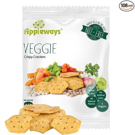 Appleways Vegetable Crackers, 108 Count, 1.0 Oz Each - Individually Wrapped Crispy Veggie Crackers, Healthy and All Natural Veggie Snacks - Savory, On the Go Whole Grain Vegetable Snacks, Made in USA