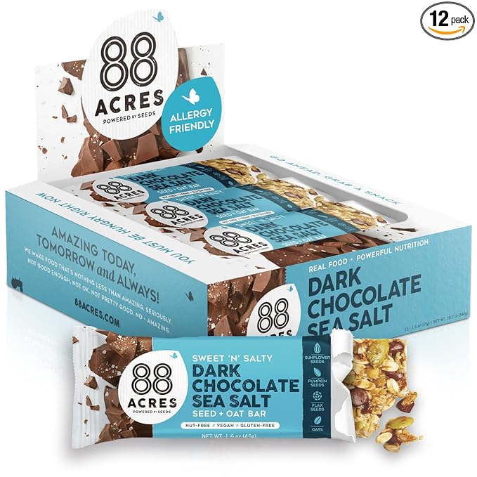 88 Acres Granola Bars | Dark Chocolate Sea Salt | Gluten Free, Nut-Free Oat and Seed Snack Bar | Vegan & Non GMO | 12 Pack