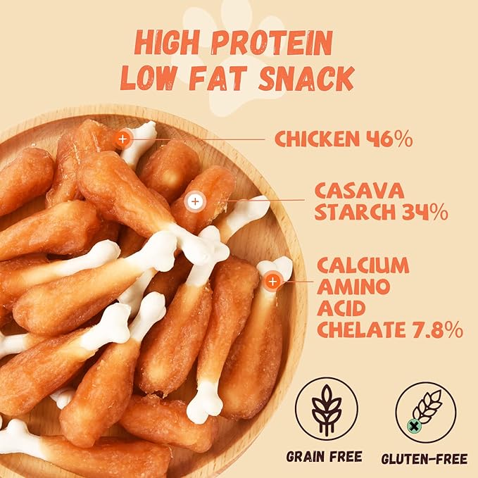 Pawmate Dog Treats Chicken Wrapped Calcium Bone, Rawhide-Free Grain-Free Training Treats for Dogs Teeth Cleanning Breath Fresh Dog Chewy Snacks for Medium Large Dogs 10.6 oz, 18-19 Counts