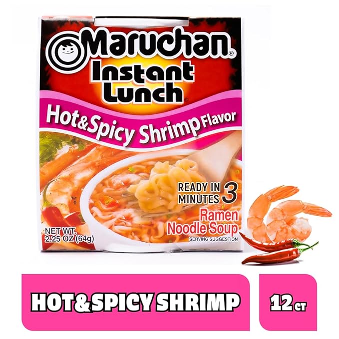 Maruchan Instant Lunch Ramen Noodles, Hot & Spicy Shrimp Flavor – Japanese-Style Instant Noodle Soup, Quick & Easy Meal – 2.25 Oz Cup, Pack of 12