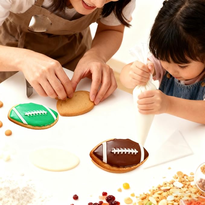6pcs Football Cookie Cutter Set with 50pcs Tipless Piping Bags, Stainless Steel Football Biscuit Molds for Parents-Kids Baking, DIY Sport Theme Party Cookies, Family/Workshop Baking & Decoration Kit