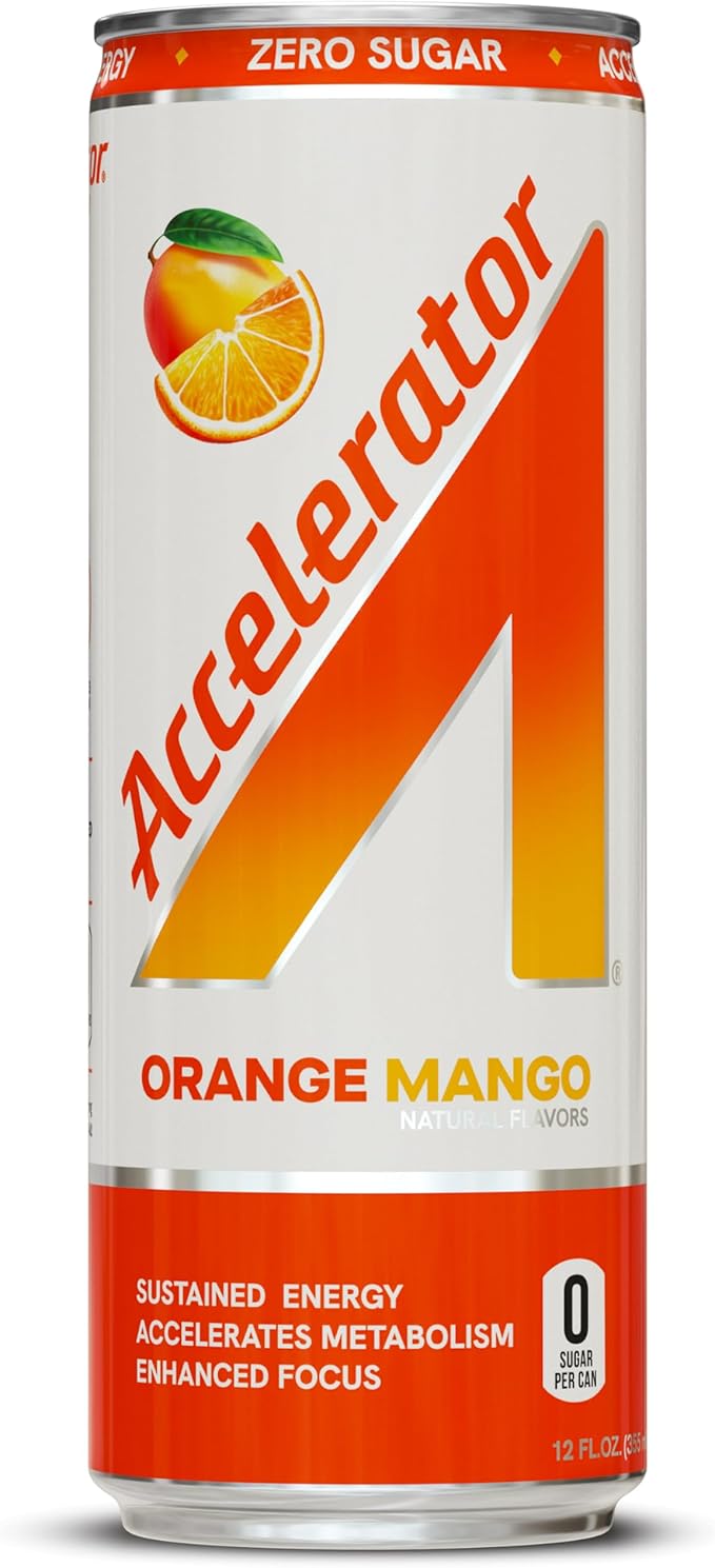 Accelerator Energy Drink, Orange Mango 12oz can (12 pack), Zero Sugar, Sustained Energy from 100% Natural Caffeine (200mg from Green Coffee Bean & Green Tea extract)