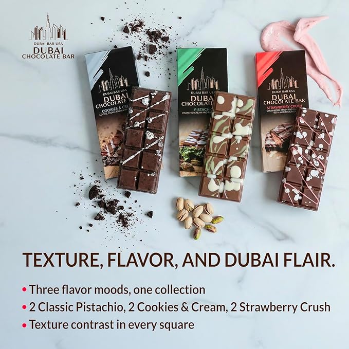 Dubai Chocolate Bar Variety Pack – 2.47oz Premium Chocolate Bar Assortment with Pistachio Cream, Cookies & Cream, Strawberry Crush – Crispy Kataifi, Knafeh Dessert Inspired – Made in USA (6 Pack)