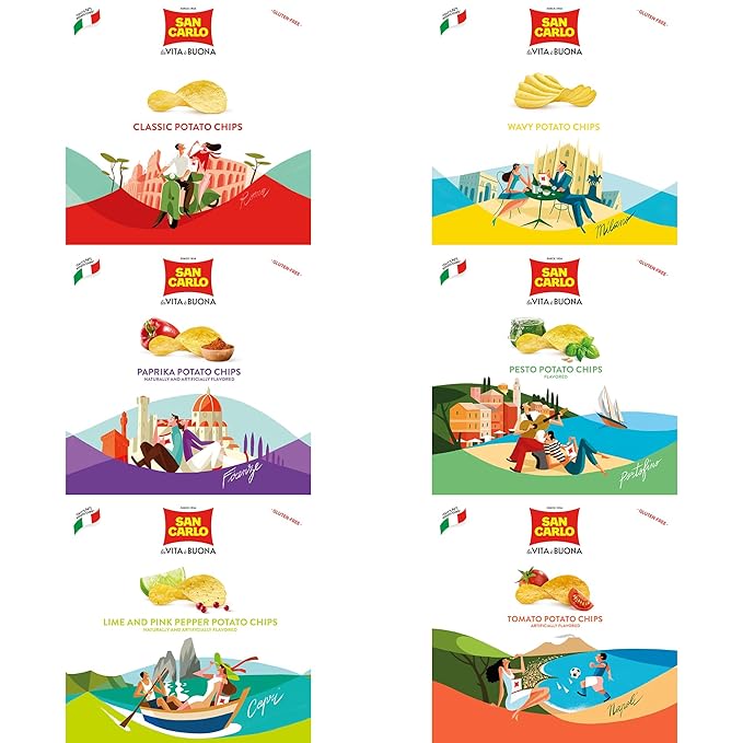 San Carlo Variety Pack 8X 50g Multi Flavours n°1 Italian Potato Chips – Classic, Wavy, Paprika, Pesto, Lime and Pink Pepper, Tomato