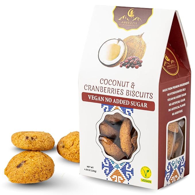 Ambrozia Vegan Snack Biscuits – Coconut & Cranberry - Soft Baked, No Added Sugar, Clean Label, High Fiber & Wholesome Ingredients, Kid-Friendly, Healthy Snacks for Active Lifestyles, 4 x 4.58 Oz