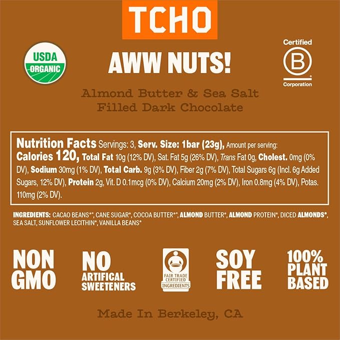 TCHO Aww Nuts! Dark Chocolate Bars (5 pack) | Single Origin, Plant Based, Organic & Fair Trade, | Non GMO, Non-Dairy, Vegan, Soy Free (2.5oz each)