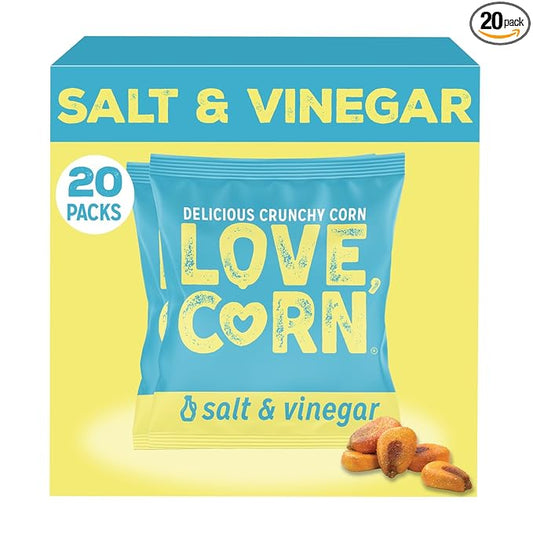 LOVE CORN Salt & Vinegar 0.7oz x 20 Bags - Delicious Crunchy Corn - Healthy Family Snacks - Gluten Free, Kosher, NON-GMO - Alternative for Chips, Nuts, Crackers & Pretzels - Perfect for Charcuterie Boards