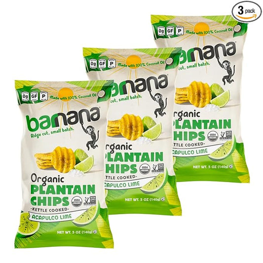 Barnana Organic Plantain Chips - Acapulco Lime - 5 Ounce, 3 Pack Plantains - Barnana Salty, Crunchy, Thick Sliced Snack - Best Chip For Your Everyday Life - Cooked in Premium Coconut Oil
