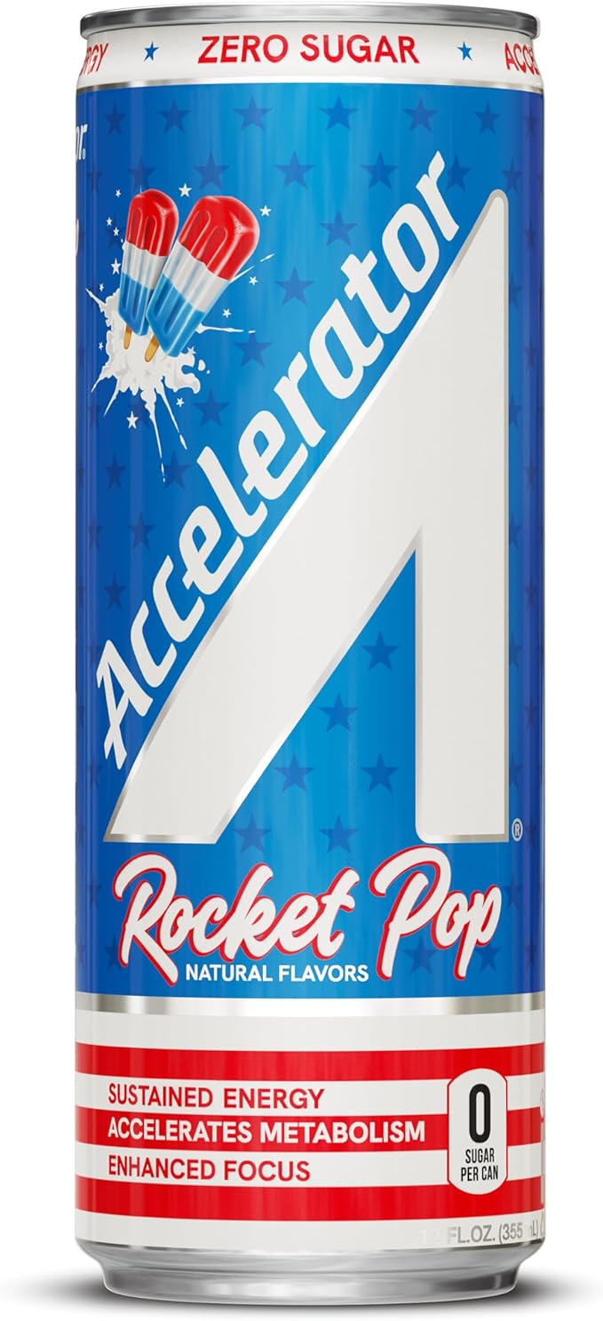 Accelerator Energy Drink, Rocket Pop 12oz can (12 pack), Zero Sugar, Sustained Energy from 100% Natural Caffeine (200mg from Green Coffee Bean & Green Tea extract)
