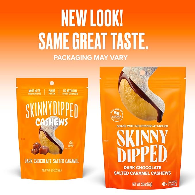 SkinnyDipped Salted Caramel Cashews, Healthy Snack, Plant Protein, Gluten Free, 3.5oz Resealable Bags, Pack of 5