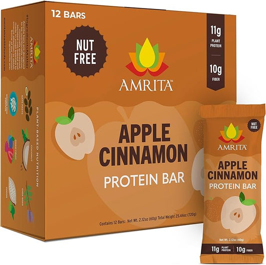Amrita Apple Cinnamon High Protein Bars, 15g Plant Based Protein, Low-Sugar Meal Replacement Bars, Vegan, Gluten-Free, 12 Bars