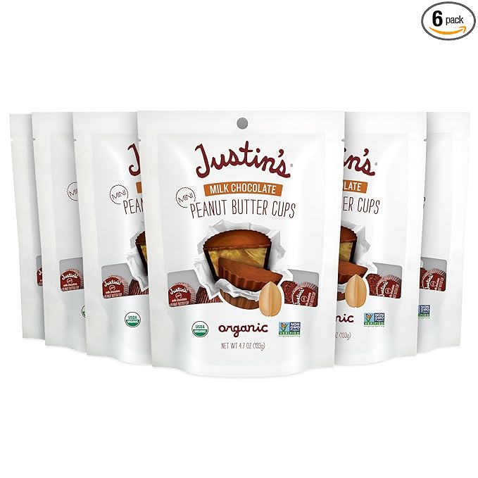 Justin's Organic Mini Milk Chocolate Peanut Butter Cups, Rainforest Alliance Certified Cocoa, Gluten-free, Responsibly Sourced, 6 Stand-up Bags, 4.7oz each