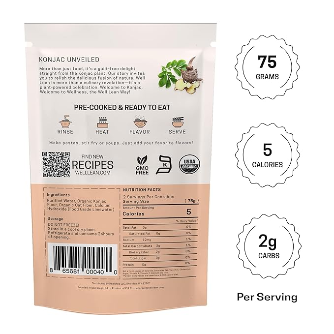 Well Lean Organic Konjac Shirataki Noodles - Zero Carb, Keto Pasta, USDA Organic Healthy Noodles - Low Carb Pasta - 100% Plant-Based, Ready to Eat - 6 Pack (12 Servings)