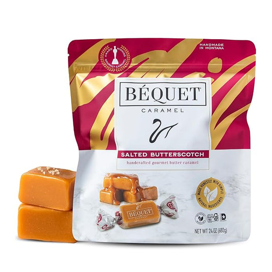 Béquet Salted Butterscotch Caramels – Soft, Individually Wrapped Gourmet Butterscotch Candy, Gluten‑Free & Kosher – 24 oz Resealable Pouch