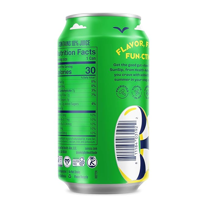 SunSip Prebiotic Soda by Health-Ade, Gut-Healthy Beverage, Soda Swap, Vitamins & Minerals, Naturally Sweetened with 5g of Sugar, Lemon Lime, 11.5 oz (12 Pack)