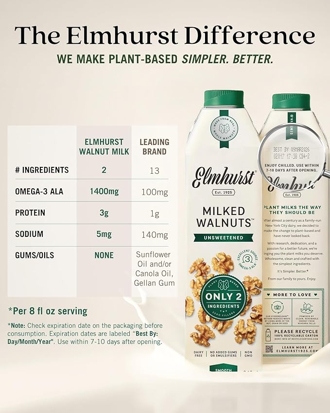 Elmhurst 1925 Unsweetened Walnut Milk - 32 Ounce (Pack of 6) Dairy-Free, Gluten-Free, Vegan, Kosher, Shelf Stable Milk Made with Water & Walnuts for Healthier, Simpler Plant-Based Alternatives