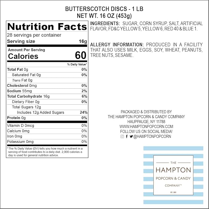 Butterscotch Hard Candy - 1lb Bulk Bag (Approx. 75 pcs) - Individually Wrapped Butterscotch Candy Discs - The Hampton Popcorn & Candy Company