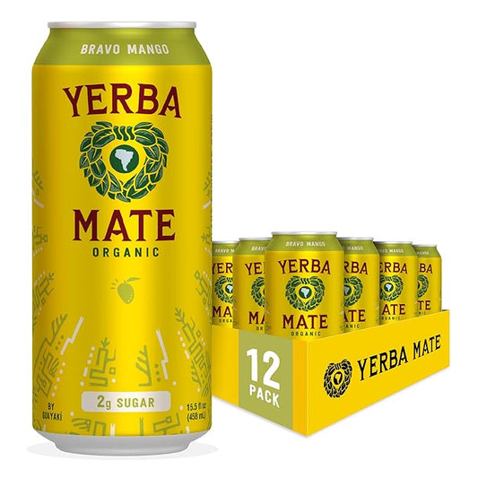 Yerba Madre Organic Yerba Mate, Energy Drink Alternative, Bravo Mango, Low Sugar, 150mg Natural Caffeine, Better for You Energy & Focus, No Jitters or Crash, 15.5 Oz (Pack of 12)