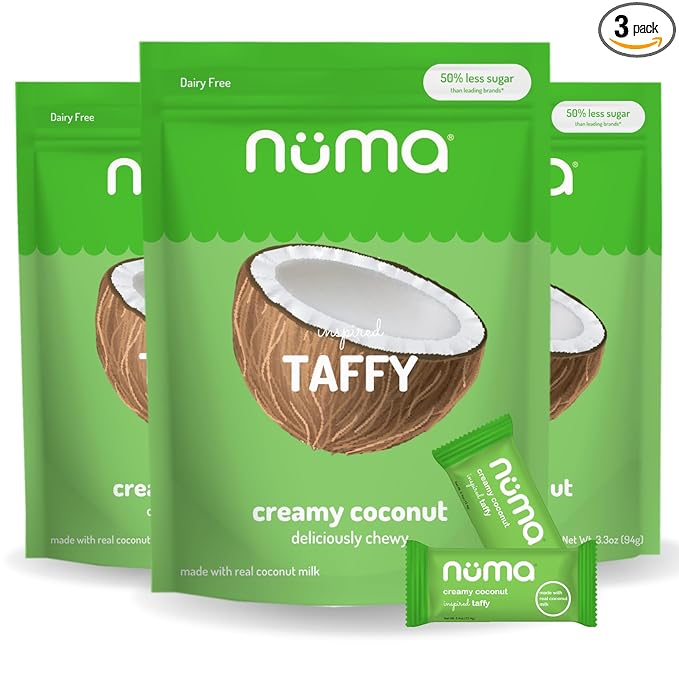 Numa Foods Creamy Coconut Taffy Candy – Dairy Free, Low Sugar Candy - Low Calorie & Natural Chewy Snack with Real MCT-Rich Coconut Milk, Gluten Free – 3 Bags with 10 Individually Wrapped Chews Each