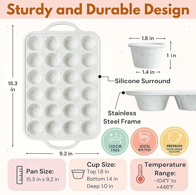1-Pack - Silicone Mini Muffin Pan – 24-Cup, Nonstick Silicone Muffin Pans for Baking with Metal-Reinforced Handles, – BPA-Free Muffin Tin Tray for Mini Cupcakes & Snacks – Dishwasher Safe, Cream
