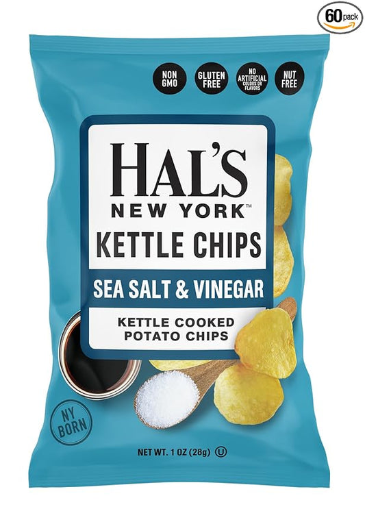 Hal's New York Kettle Cooked Potato Chips, Sea Salt & Vinegar, 1 Oz (Pack of 60)