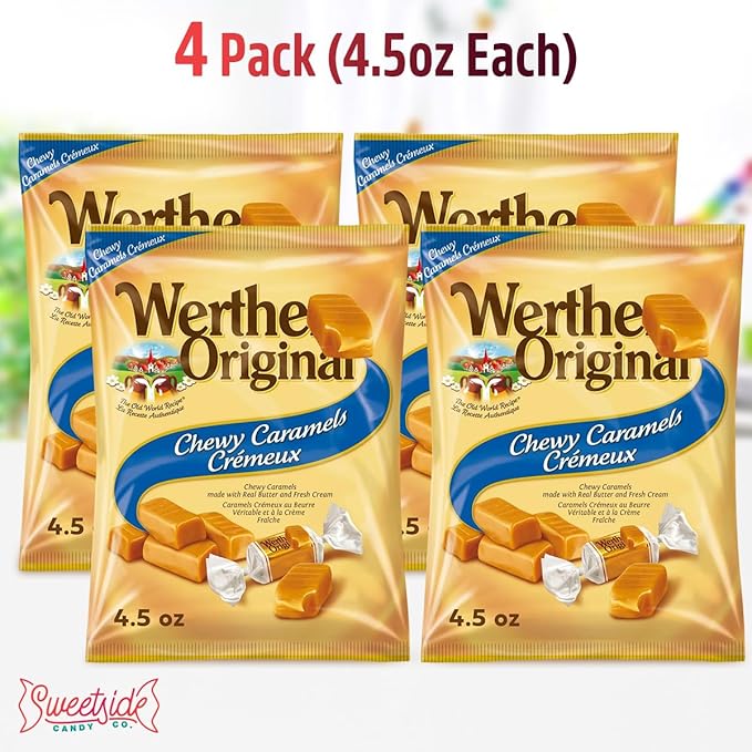 Chewy Original Candy, 4 Pack Each 4.5oz of Werthr'sCaramel Candy Individually Wrapped, Sweet Soft Caramels That’s Perfect for Family Gatherings and Everyday Treats, Creamy Carmels Candies Soft Enough for All Ages