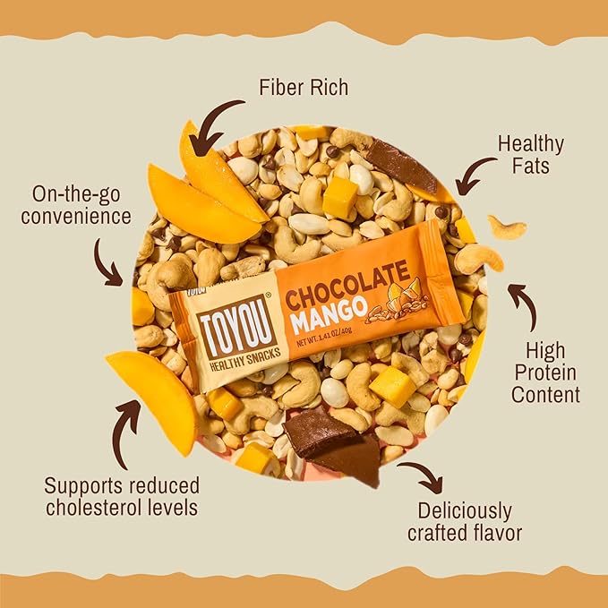 ToYou Gluten Free Chewy Fruit and Nut Bars - Healthy Protein Snacks | Chocolate Mango - 1.41 Ounce (Pack of 12) | Soft Chewy, Fiber-Packed Granola Bars for Adults and Kids, Made with Natural Ingredients
