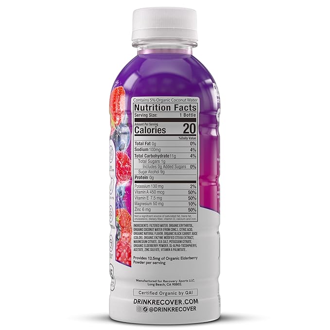 RECOVER 180 Organic Sports Hydration Drink, No Sugar Added, 20 Calorie Sports Beverage, Organic Flavors With Vitamins, Potassium-Packed Electrolytes (16.9 Fl Oz (Pack of 12), Super Berry)