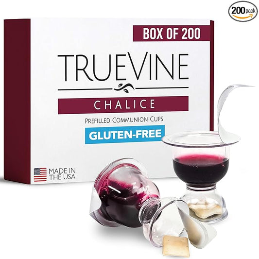 TrueVine Chalice Communion Cups and Wafer Set - Prefilled Cups with Gluten Free Unleavened Bread & Grape Juice - Carefully Packaged & Easy to Open, Ideal First Communion (200 Count)