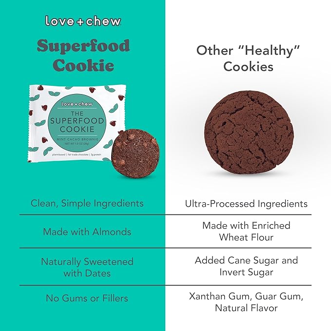Love + Chew Superfood Soft Baked MINI Cookies, Mint Cacao Brownie Flavor, Plant Based Cookie Made With Almonds & Dark Chocolate for Kids and Adults, Vegan Snacks, Gluten Free, Paleo, Non GMO, 18 Pack