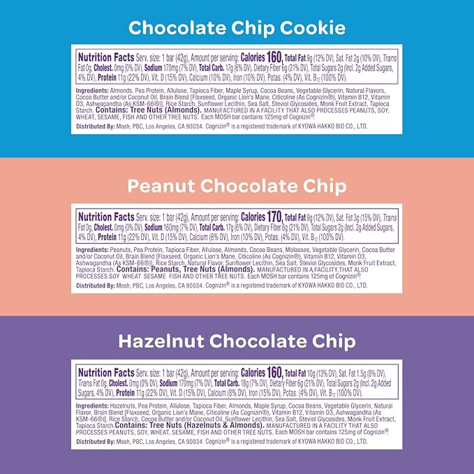 MOSH Variety Pack Vegan Protein Bars, Plant Based, Keto, Gluten Free, Brain Healthy Snack with Cognizin, Ashwagandha and Lion's Mane, 15 Count