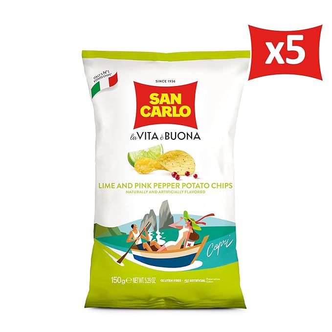 San Carlo Multi Pack 5X Lime&Pink Pepper n°1 Italian Potato Chips - 150gr - for Snacking Bliss