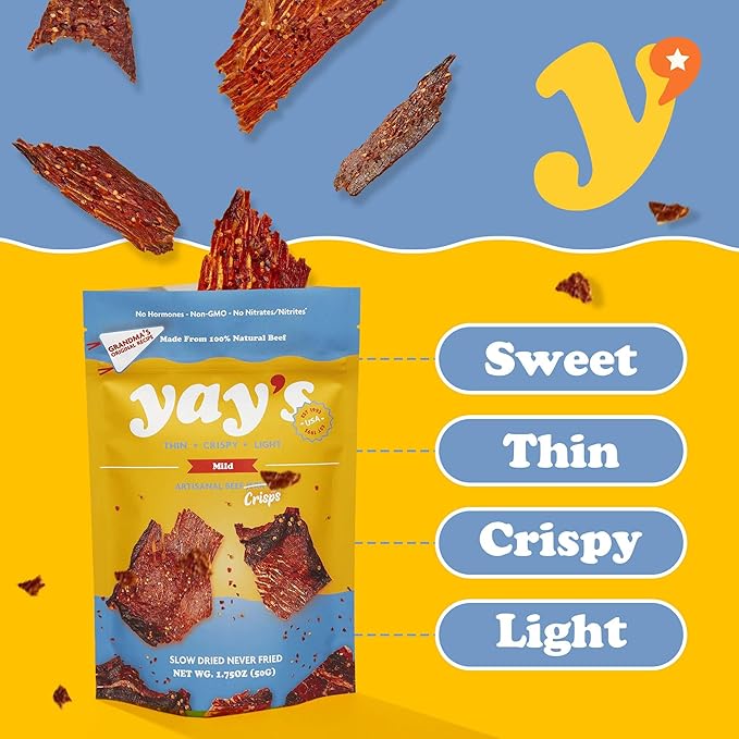 Yay's Snacks Sweet and Spicy Beef Crisps | Crispy, Crunchy, High Protein Snacks | Mild Beef Jerky with 24G Protein Snacks Per Bag | Healthy Meat Snacks Non-GMO, USA Made - 6 Packs (1.75 Oz Each)