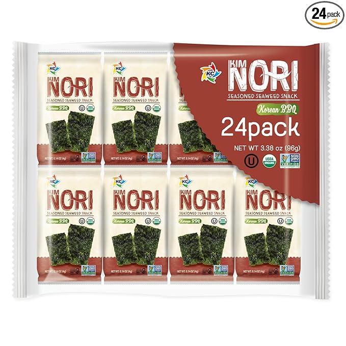 KIMNORI Seasoned Seaweed Snacks Sheets – Organic Korean BBQ Flavor 24 Individual Packs, Roasted Crispy Premium, 100% Natural Laver, Kim Nori 4g 0.14 Ounce