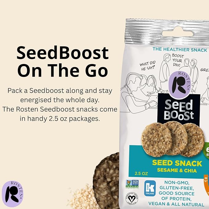 ROSTEN SeedBoost Seed Crackers (16 Pack) Sesame & Chia Flavor - Vegan, Non-GMO, Gluten Free (2.5oz Each)