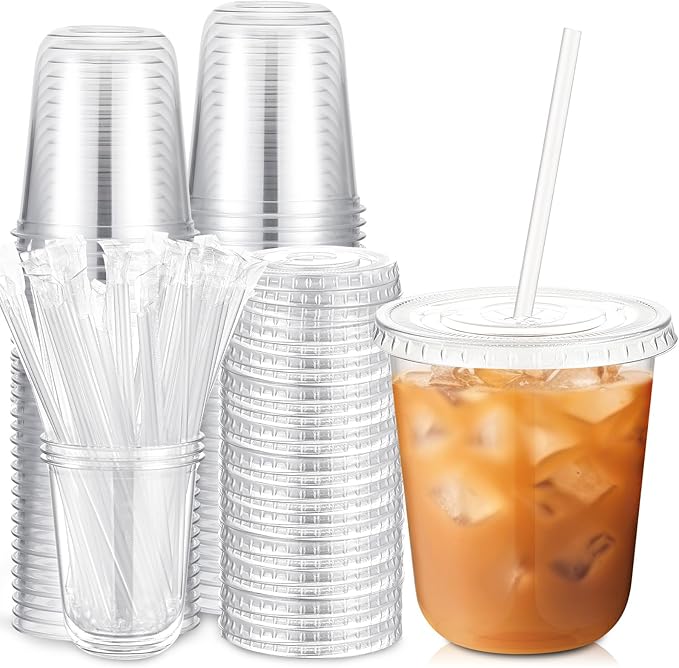 Ziliny 50 Sets Clear Plastic Cups with Lids and Straws, Disposable Iced Coffee Cups Drinking PET for Cold Drinks, Juice, Smoothie, Coffee Shops, Party, Christmas (Clear,14 oz)