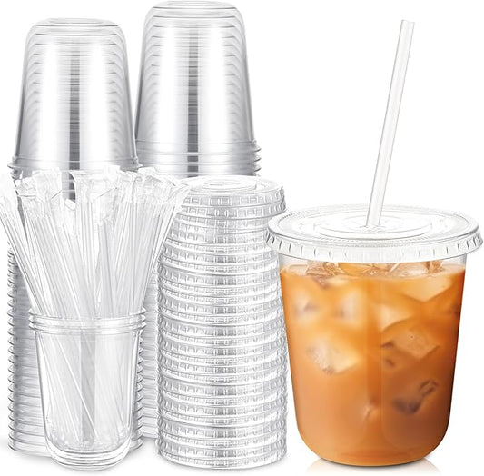 Ziliny 50 Sets Clear Plastic Cups with Lids and Straws, Disposable Iced Coffee Cups Drinking PET for Cold Drinks, Juice, Smoothie, Coffee Shops, Party, Christmas (Clear,14 oz)