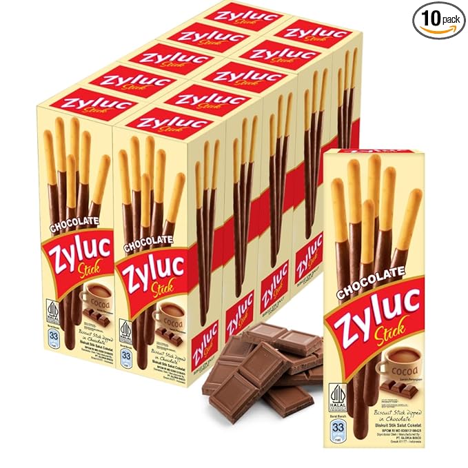 Zyluc Chocolate Biscuit Sticks – Cocoa-Dipped Crunchy Snack with Chocolate Flavor – Non-GMO Ingredients – 33g Pack, Halal Certified, No Trans Fat, Crispy Asian Treat – On-the-Go Sweet Snack, Pack of 10